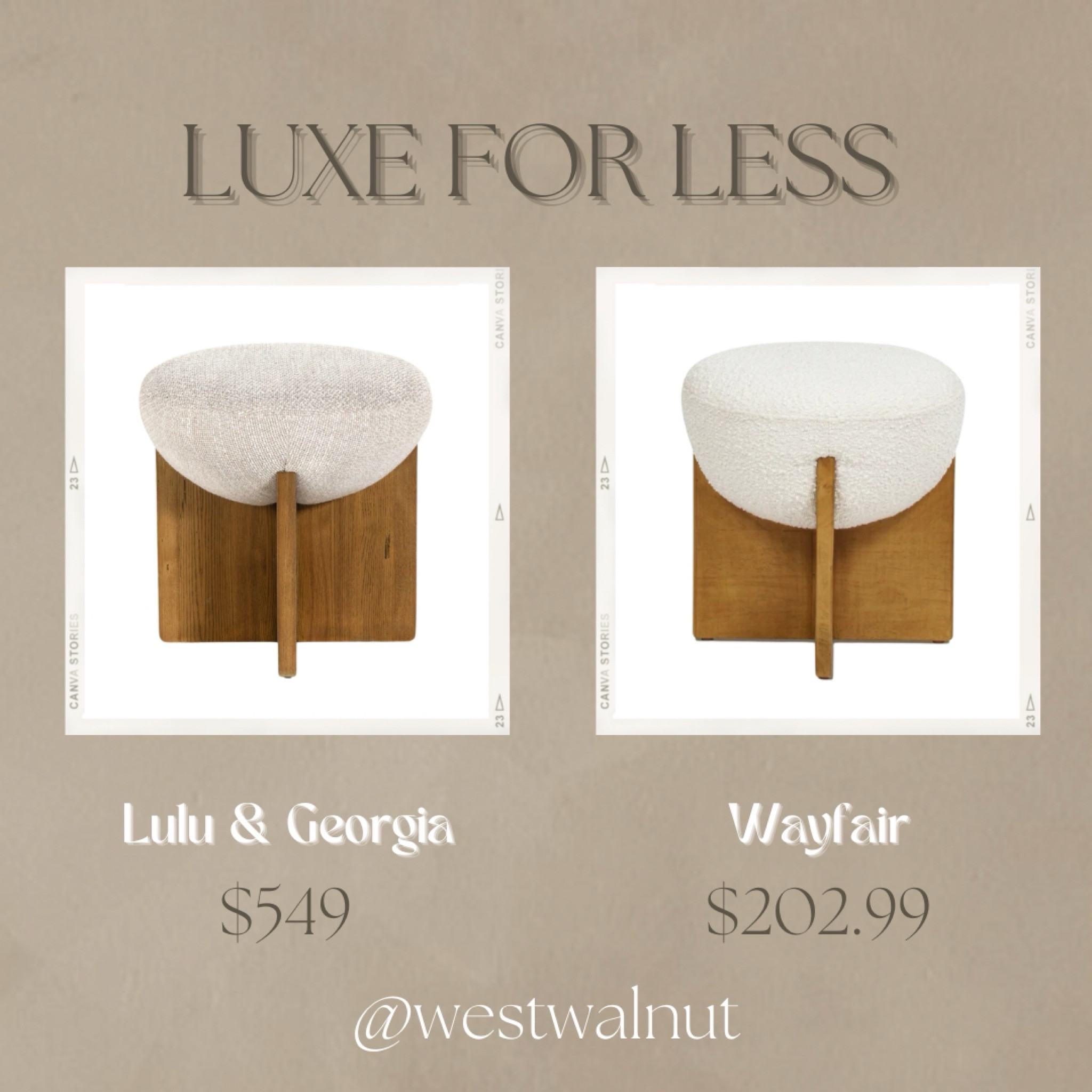 Wood Upholstered Drum Ottoman Luxe for Less

On the left is the Yurewn Round Ottoman from Lulu & Georgia. It has a solid ash wood base and is upholstered with a 92% Polyester, 8% Acrylic fabric.
Dimensions: 18"W x 18"D x 18.5"H

On the right is the Sharita Upholstered Ottoman from Wayfair. It is made with a rubber wood base and upholstered with a Boucle fabric.
Dimensions: 18.5''W x 18.5'' D x 18”H

While the Wayfair option is quite cheaper, it still conveys a similar silhouette and aesthetic. The weights are worth noting as the Lulu & Georgia option is 20lbs and can hold up to 250lbs and the Wayfair option is 15lbs and can hold up to 200lbs so both options are sufficiently sturdy.

#dupe #dupes #luxeforless #ottoman #modernfurniture #affordablefurniture #furnituredupe #homeonabudget #makinghome #budgetfriendlyfinds #affordablehomefinds 

#LTKHome