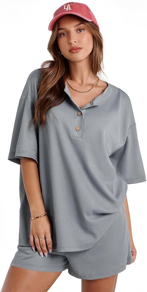 Waffle Knit Lounge Set Shorts Sets Women 2 Piece Outfits Matching Sets Casual Pajama Sets | Amazon (US)