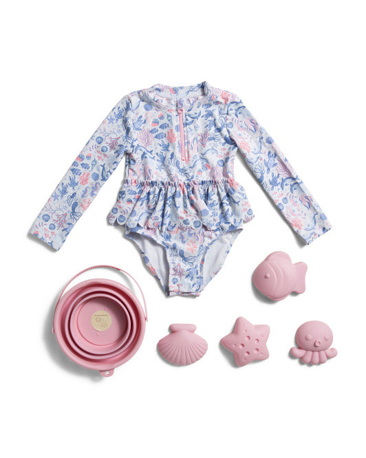 Toddler Girls Upf 50 Ruffle Swimsuit With Beach Playset | TJ Maxx