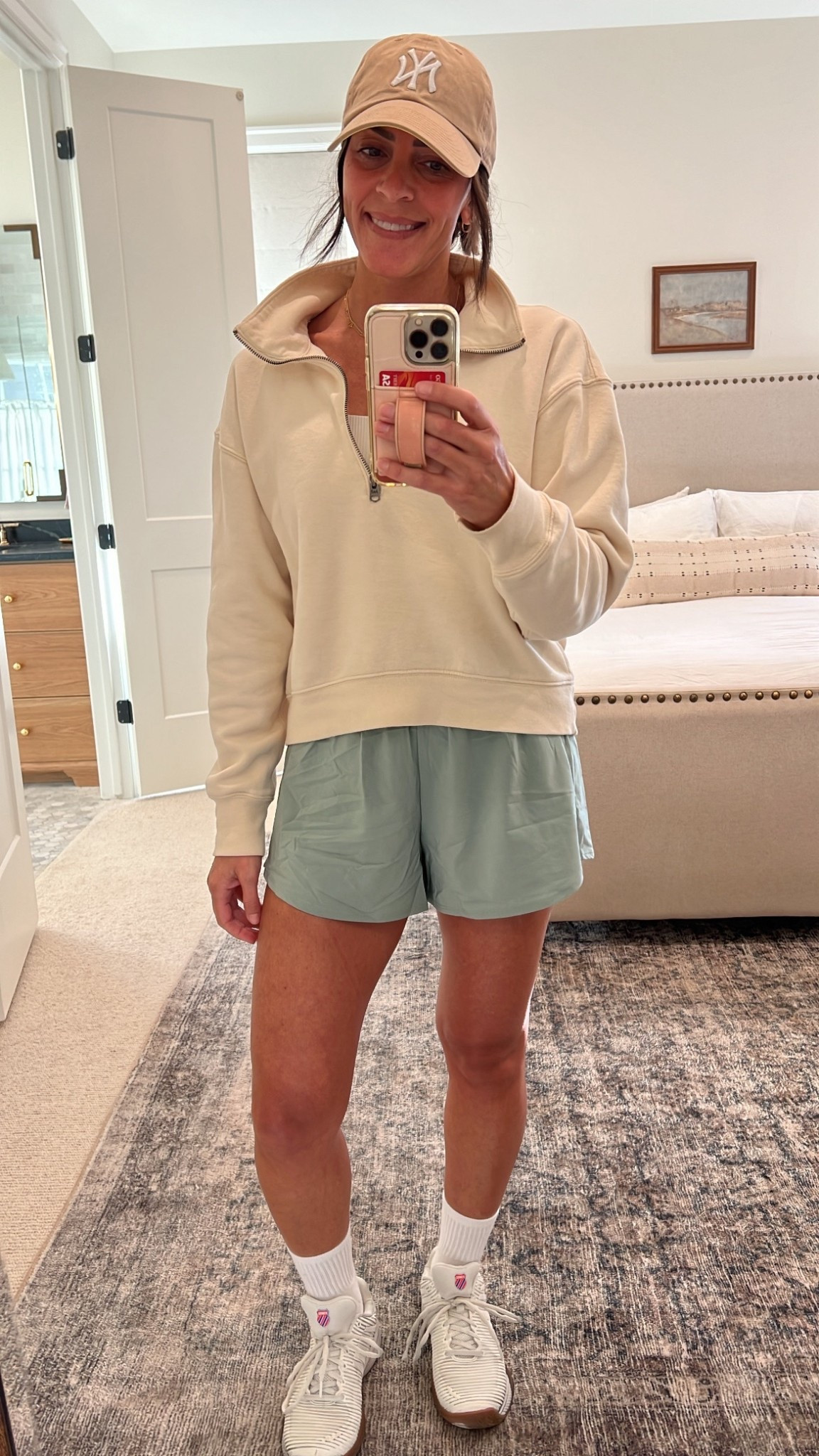 Pickleball (or tennis) fit for the day. This hat is my all time favorite style. Grab it Amazon is many different colors and teams. I love a good light weight pullover for spring. These are my new favorite running shorts. Crz Yoga brand is good you guys. Wearing a small in everything  

#LTKActive #LTKmomlife #LTKOver40