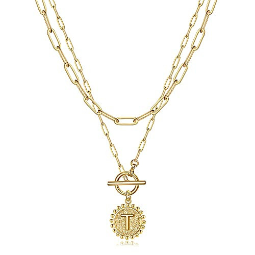 Turandoss Simple Initial Necklaces for Women, 14K Gold Plated Dainty Layering Paperclip Link Chain Necklace Personalized Round Pendant T Initial Necklaces for Women Gold Jewelry for Her | Amazon (US)