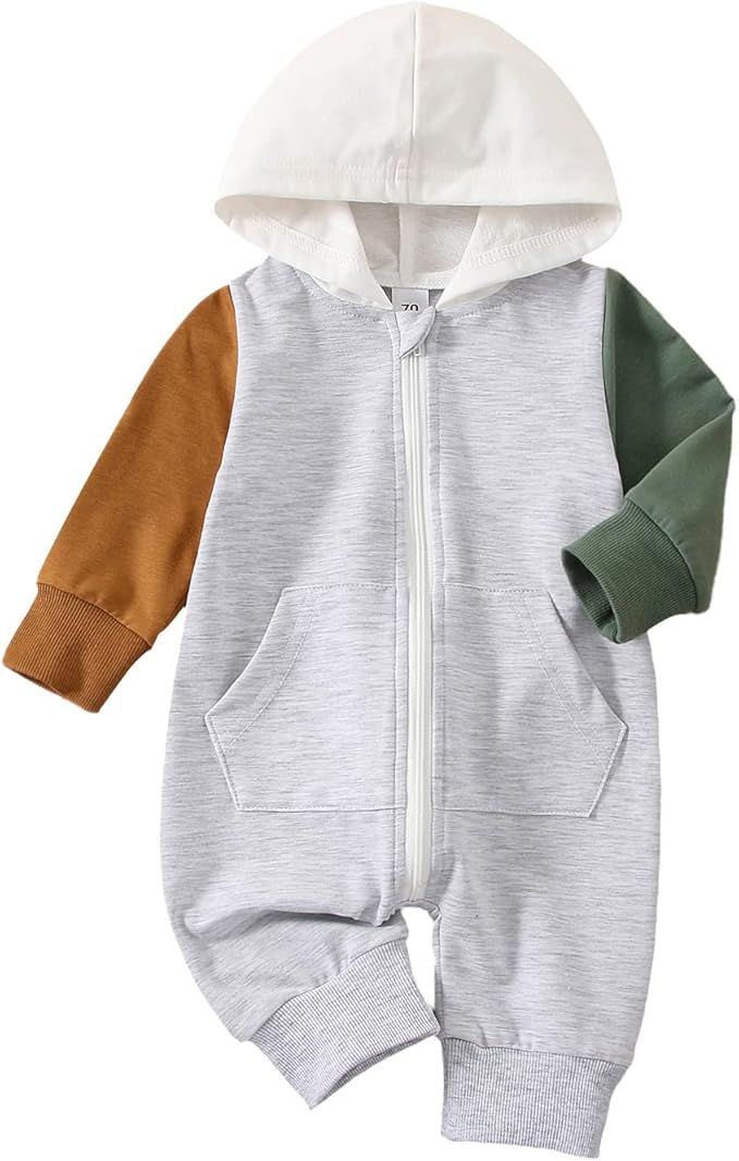 Newborn Baby Boy Clothes Color Block Long Sleeve Zipper Hooded Romper with Pocket Fall One Piece ... | Amazon (US)