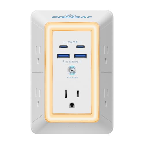 Multi Plug Outlet Surge Protector - POWSAF 5 Outlet Extender with 4 USB Ports(2 USB-C PD 20W) and Night Light, 3-Sided Power Strip with Adapter Spaced Outlets - ETL, White | Amazon (US)