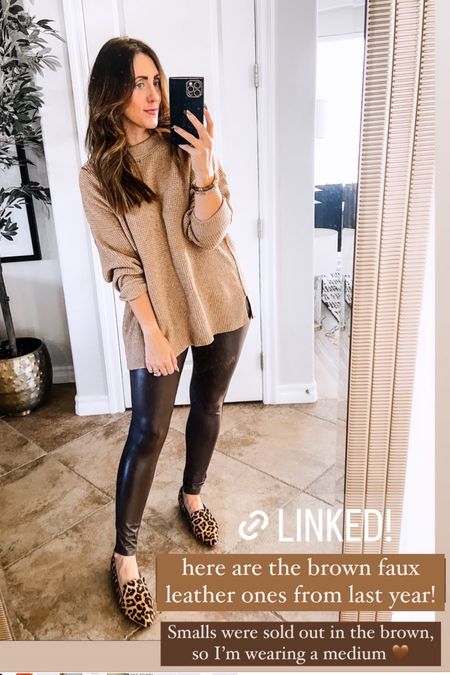 Chocolate brown faux leather leggings — total Spanx look for less! On sale for only $13.25 right now! Smalls were sold out last year, so I am wearing a medium, but you can stick with your regular size. 

#LTKworkwear #LTKsalealert #LTKfindsunder50