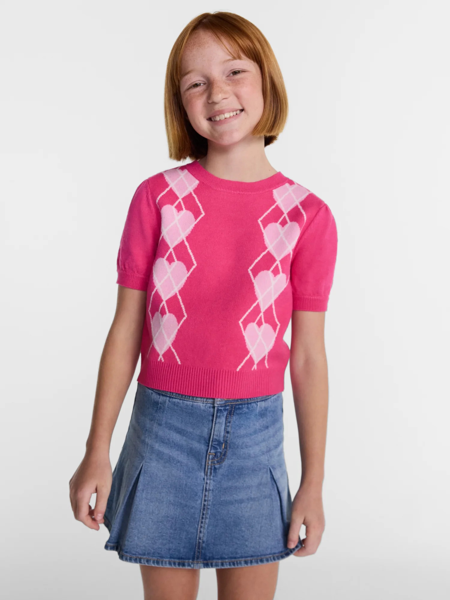 Wonder Nation Girls Argyle Sweater with Short Puff Sleeves, Sizes 4-18 | Walmart (US)