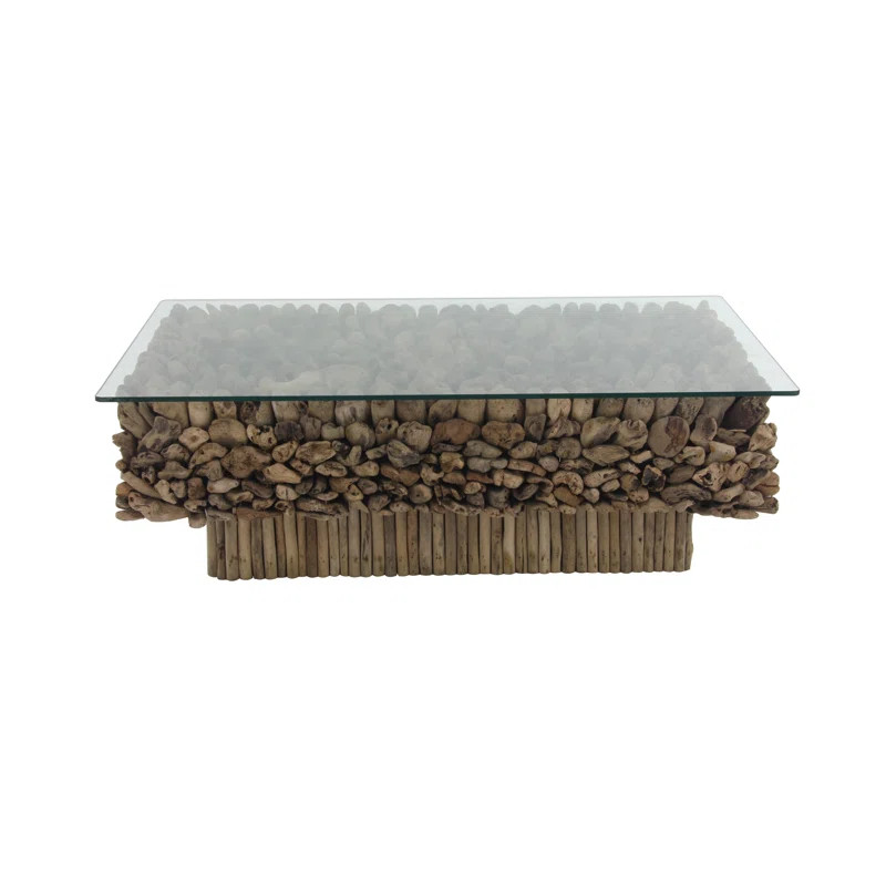 Brown Driftwood Handmade Stacked Collage Living Room Coffee Table with Tempered Glass Top and Ped... | Wayfair North America