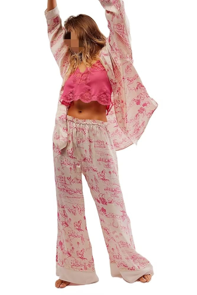 Womens Y2k Silk Pajama Sets Floral Print Long Sleeve Button Down Shirts Wide Leg Pants 2 Piece Lo... | Amazon (US)