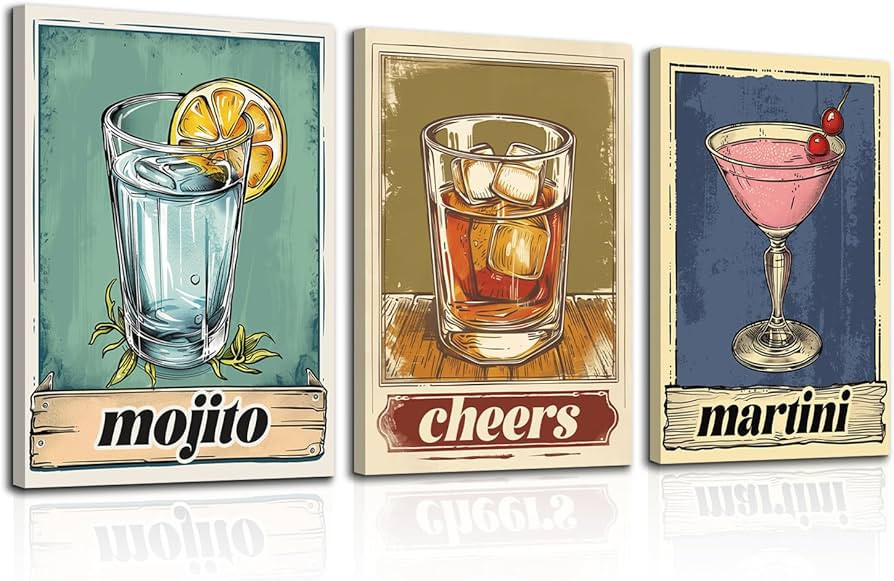 Set of 3 Cocktail Poster, Vintage Colorful Liquor Drink Alcohol Bar Wall Art for Home Bar Decor, ... | Amazon (US)