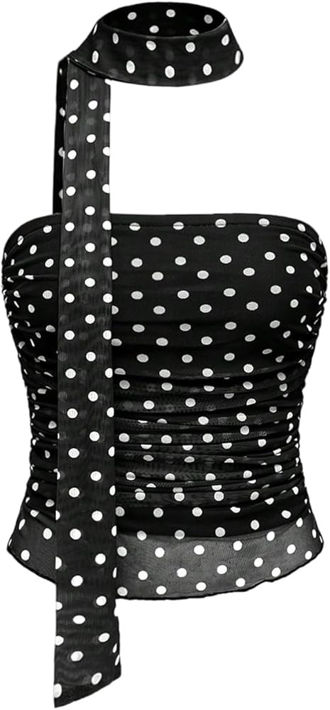 Milumia Women's Polka Dots Mesh Tube Tops Y2k Strapless Bandeau Top with Scarf | Amazon (US)