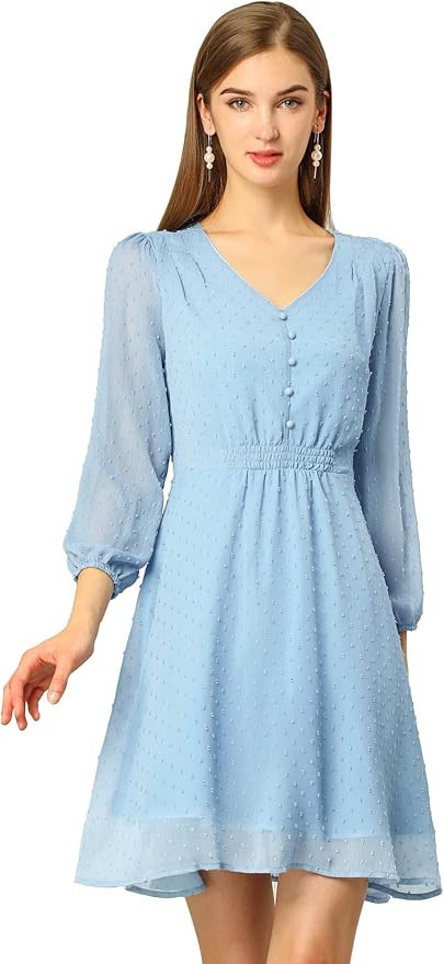 Allegra K Women's Swiss Dots Elastic Waist 3/4 Sleeve A-line Solid Flowy Chiffon Dress | Amazon (US)