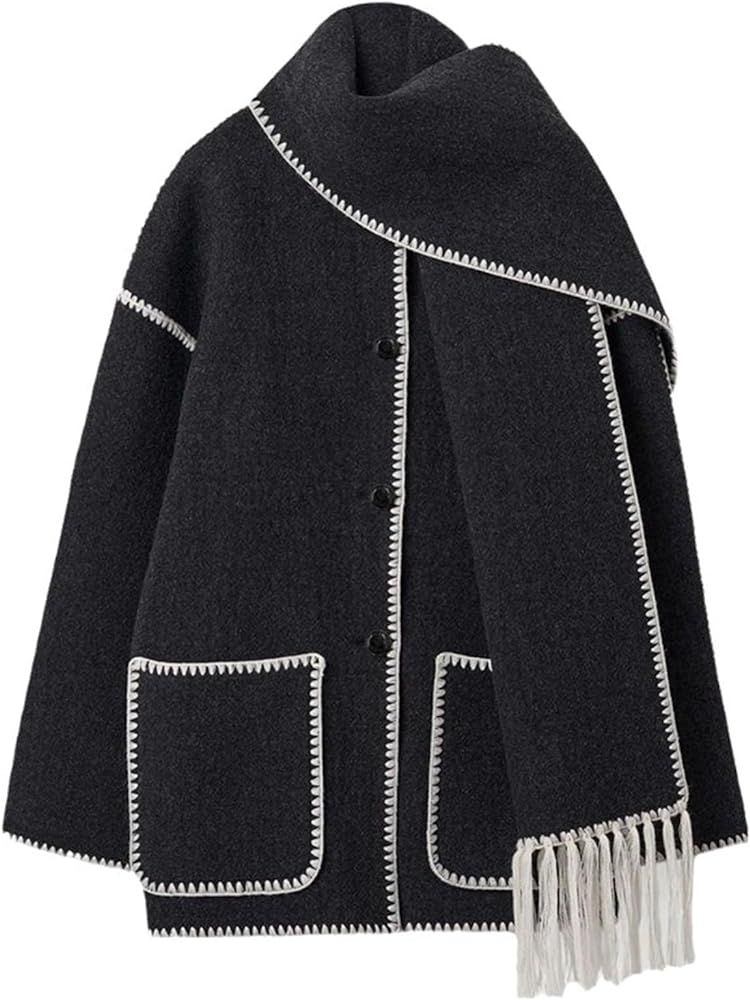 DOPRISIC Womens Removable Embroidered Scarf Jacket Casual Button Down Tassel Scarf Coat Fall Winter  | Amazon (US)