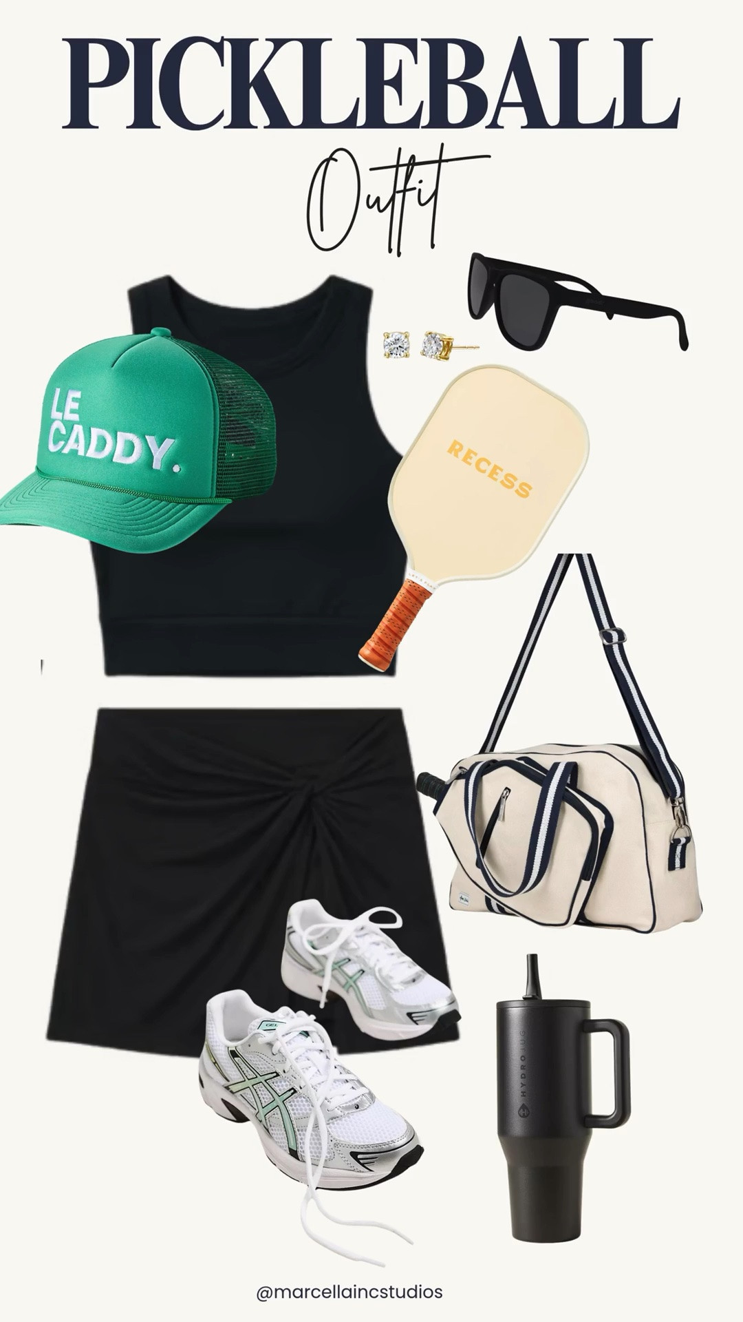 Elevate your pickleball (or tennis) workout fit with this cute black set, but the Asics are my favorite with that green color pop and add the hat to match💚 there are not a lot of cute Pickleball bags, but I found one:) #workoutoutfit #pickleballoutfit #pickleball #tennis #tennisoutfit