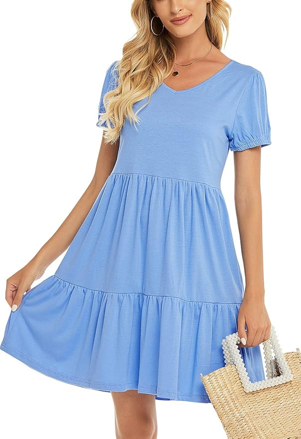 Lyrur Womens V Neck Tunic Ruffle Dress Casual Loose Babydoll Sundress Shift Summer Short Sleeve T... | Amazon (US)
