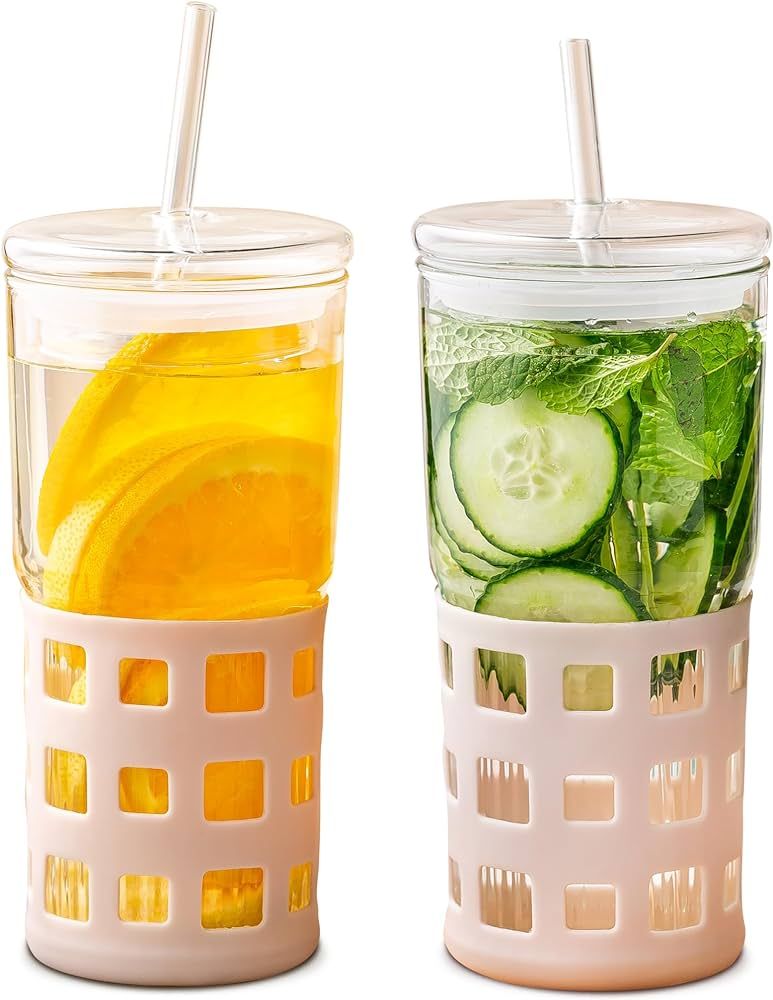 Glass Tumbler with Straw & Lid, Silicone Protective Sleeve - 2 Pack Set, 20 oz, Wide Mouth for Wa... | Amazon (US)