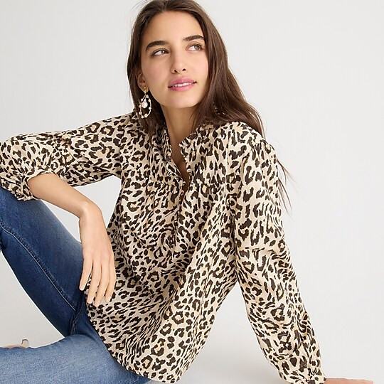 Button-front ruffleneck popover in leopard print | J. Crew US