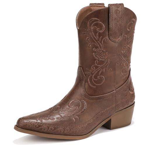 IDIFU Brown Cowboy Boots for Women Cowgirl Western Ankle Boots Embroidered Stitched Pointed Toe Short Low Chunky Heel Dress Boots Comfortable Country Cute Fashion Vintage Classic Booties(Brown, 9.5) | Amazon (US)