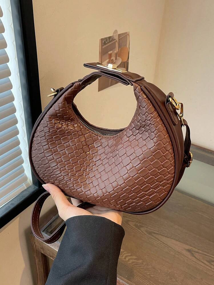 Crocodile Pattern Stone Pattern Women Minimalist Bag For Women, Stylish Solid Color Shoulder Bag, Zipper Crescent Handbag & Purse | SHEIN
