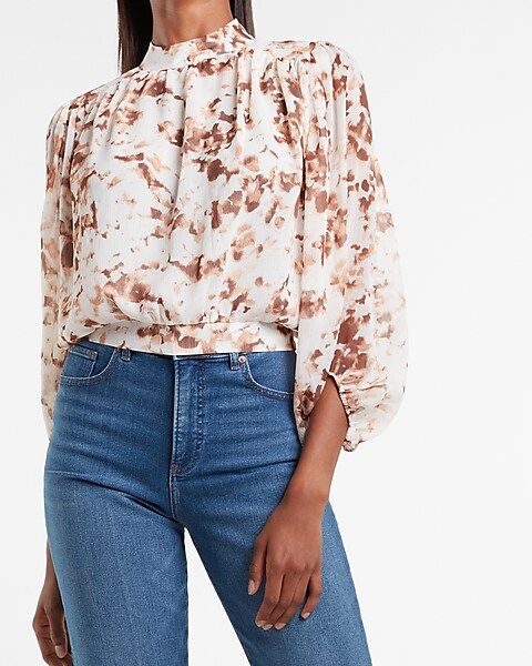 Printed Puff Sleeve Mock Neck Top | Express