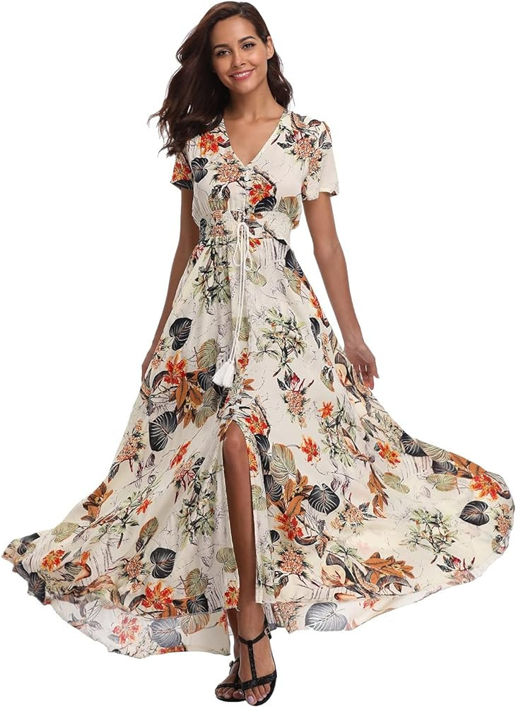 VintageClothing Women's Floral Print Maxi Dresses Boho Button Up Split Beach Party Dress | Amazon (US)