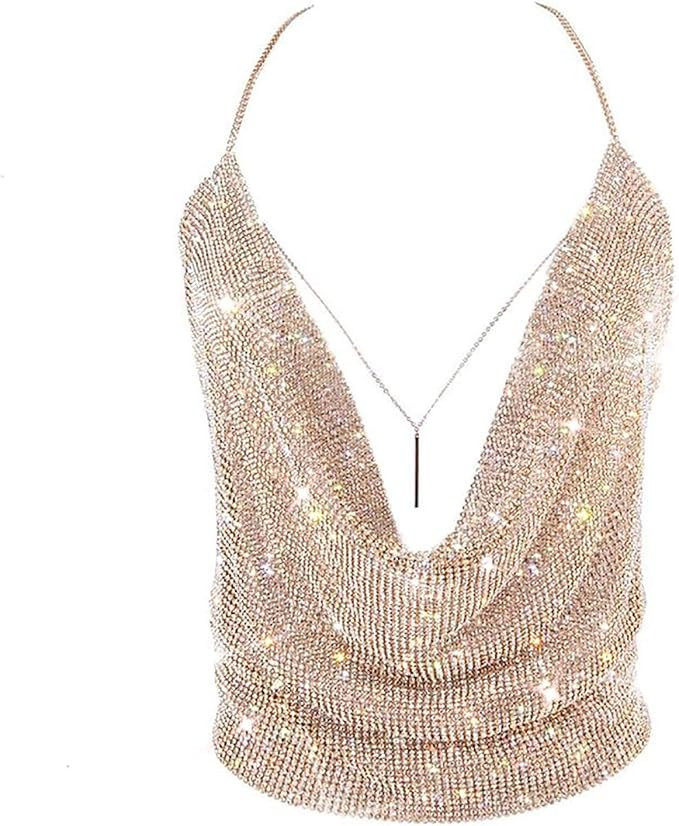 Gold Sexy Tops for Women Sparkly Deep V Neck Crop Tank Tops Cami Body Chain Top | Amazon (US)