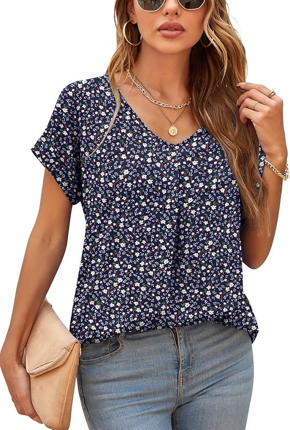 QUEZHU Summer Blouses for Women Elegant Casual V Neck Chiffon Blouses Tops Shirts | Amazon (US)