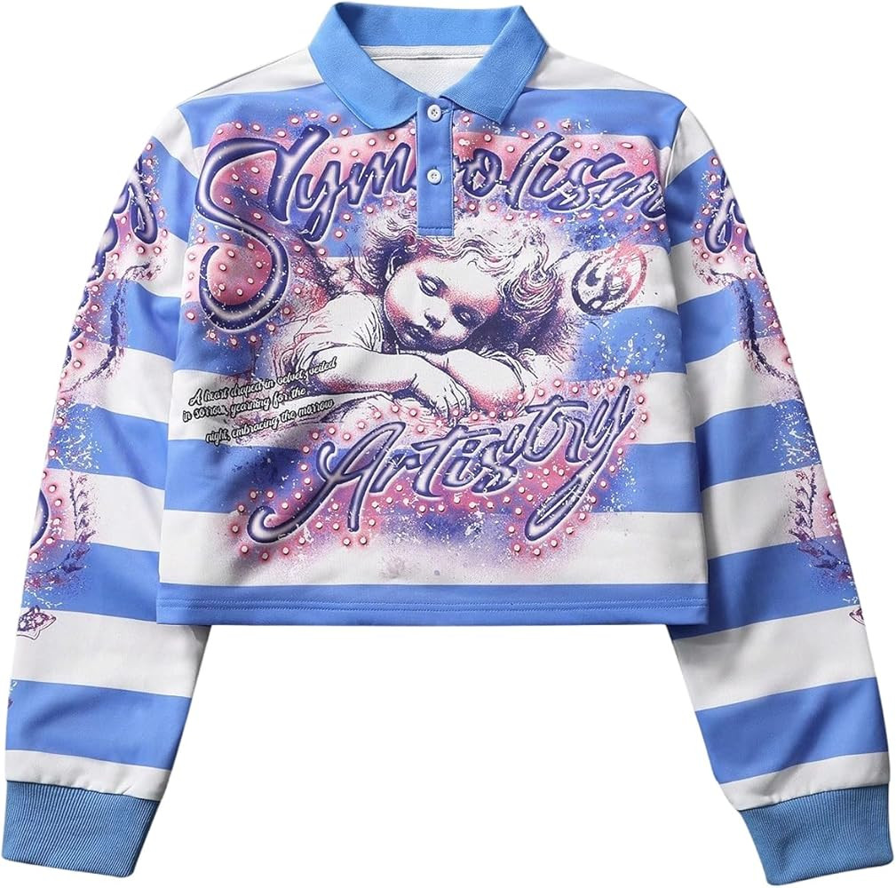 Men's Y2K Letter Angel Graphic Striped Tops Half Button Long Sleeve Baggy Sweatshirts | Amazon (US)