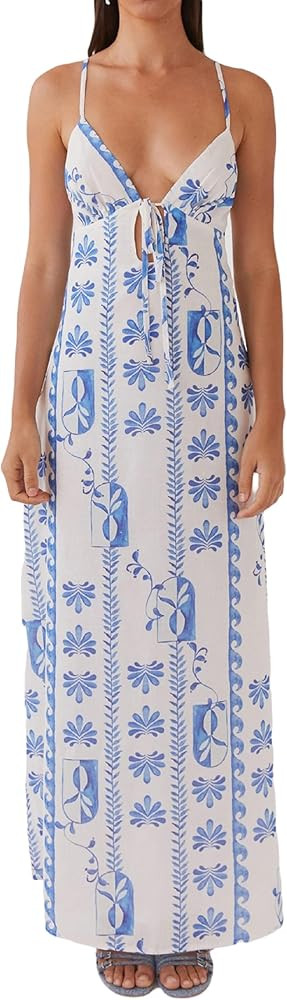 UAURORAO Women Tie Front Floral Maxi Dress Spaghetti Strap V Neck Cut Out Long Dress with Bow Wed... | Amazon (US)