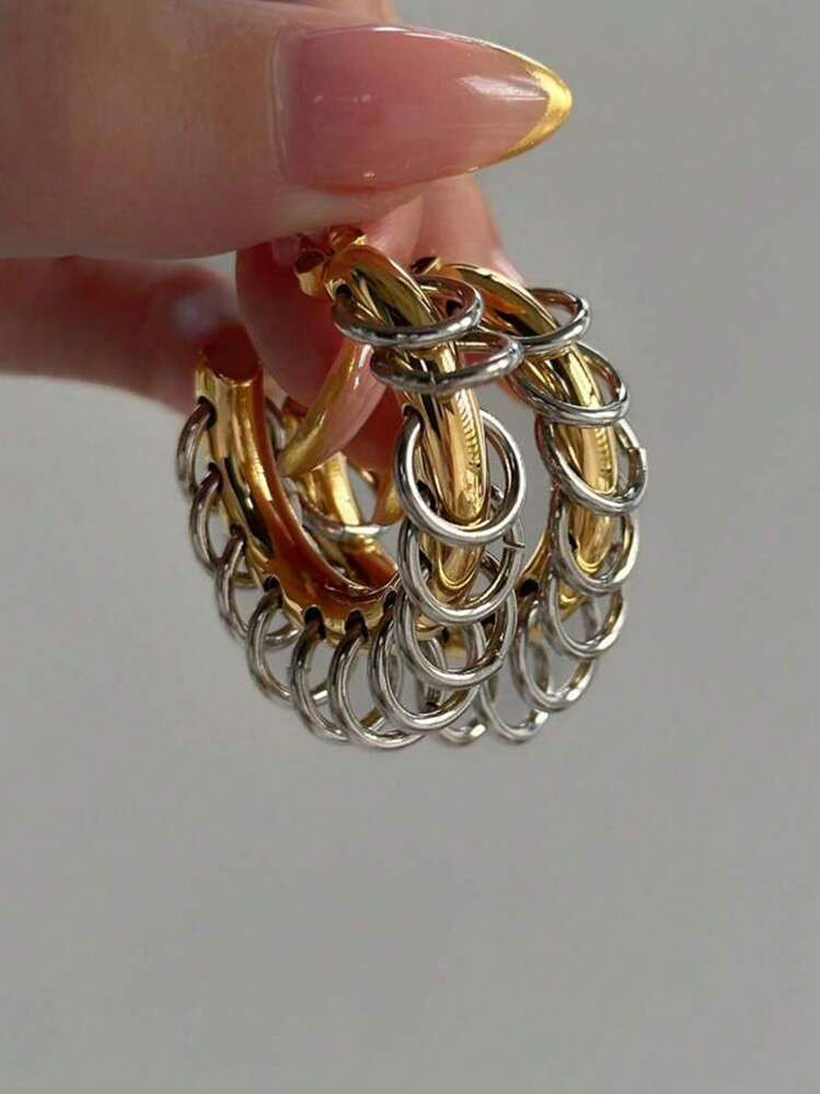 Fashion New Chain Tassel Hoop Earrings Stainless Steel Hoop Earrings For Women Punk Cool Double T... | SHEIN