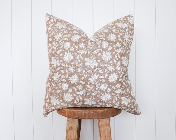 Blush Floral Handblock Linen Pillow Cover | Natural Dusty Rose Designer Fabric  | Neutral Home De... | Etsy (US)