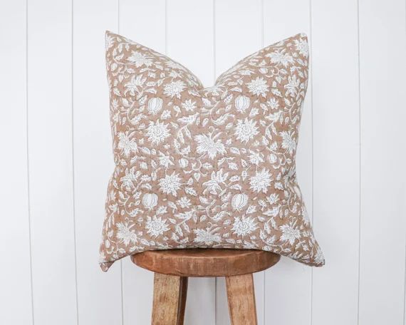 Blush Floral Handblock Linen Pillow Cover | Natural Dusty Rose Designer Fabric  | Neutral Home De... | Etsy (US)