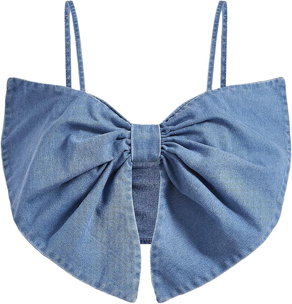 Verdusa Women's Bow Zip Up Spaghetti Strap Denim Crop Cami Top | Amazon (US)