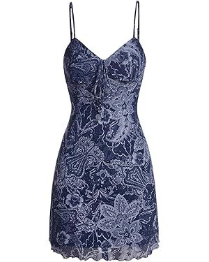 Floerns Women's Floral Print Tie Front Spaghetti Strap Vintage Cami Short Dress | Amazon (US)