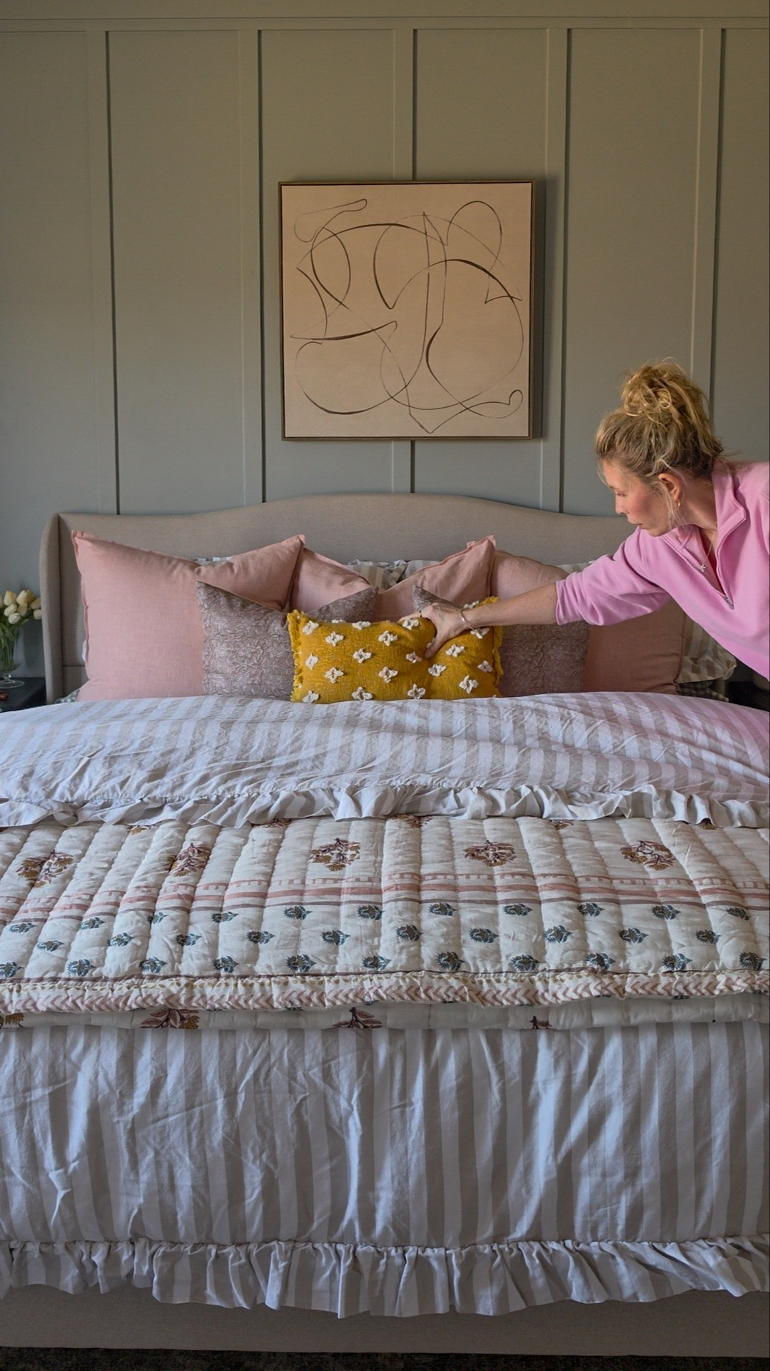 Layer your bed pillows: 3 euros, 2 decorative, 1 lumbar 

#LTKHome #LTKOver40 #LTKmorningroutine