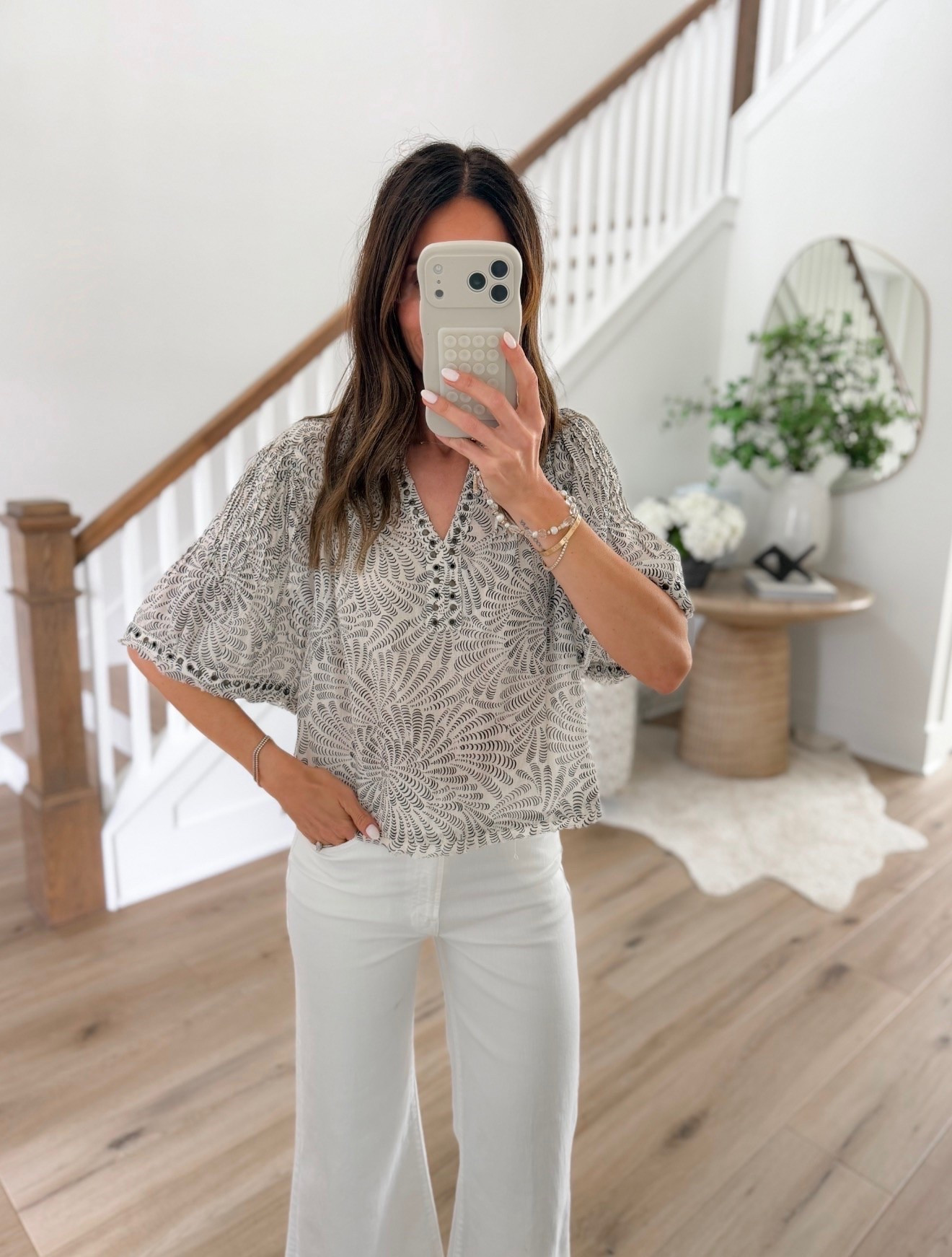 this printed top is one of those pieces that makes white jeans look instantly chic. lightweight, easy to wear, and such a good elevated everyday outfit for spring and summer

printed blouse, white jeans outfit, chic everyday style, elevated casual outfit, spring fashion, summer outfit ideas, neutral style, effortless outfits, lightweight tops, casual chic look, everyday fashion finds, wide leg white jeans, vacation style, resort wear outfit, timeless style pieces, annabrstyle

#LTKSeasonal #LTKOver40 #LTKootd