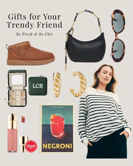 Gift guide for your trendy friend!
-
Personalized jewelry travel case - striped black and white cashmere sweater - LeSpecs sunglasses - Anine Bing black leather purse - gold croissant dome hoops - Mejuri - gold earrings - Rare Beauty liquid blush - Sephora - Negroni cocktails book - Ugg short boots for women - trending gifts - gifts for teen girls - gifts for college girls - gifts for her - clothing gifts - fashion gifts 

#LTKHoliday #LTKstyletip #LTKGiftGuide