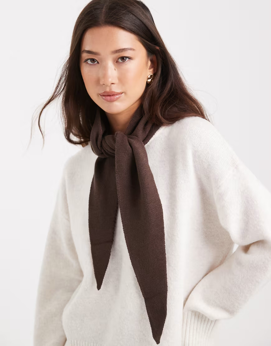 Pieces small triangle knitted scarf in chocolate brown | ASOS (Global)