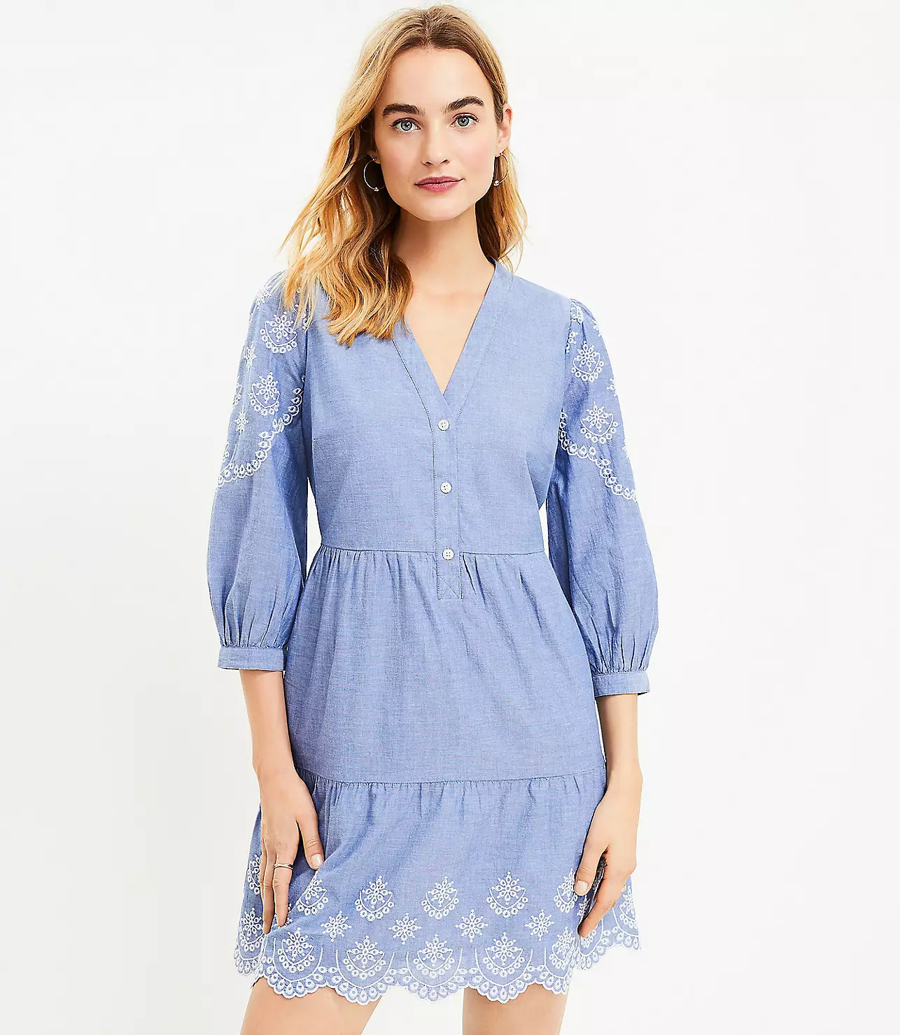 Petite Chambray Embroidered Swing Shirtdress | LOFT