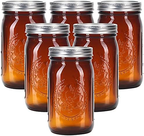 Amazon.com: eleganttime Amber Glass Mason Jars 32 oz Wide Mouth with Airtight Lids and Bands 6 Pa... | Amazon (US)