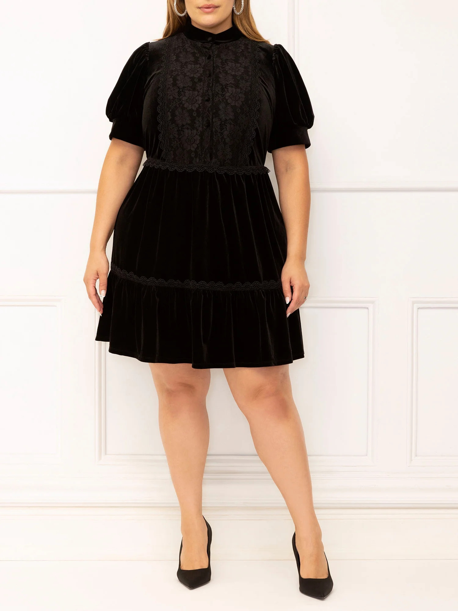 ELOQUII Elements Women's Plus Size Lace Accent Velvet Dress with Puff Sleeves | Walmart (US)