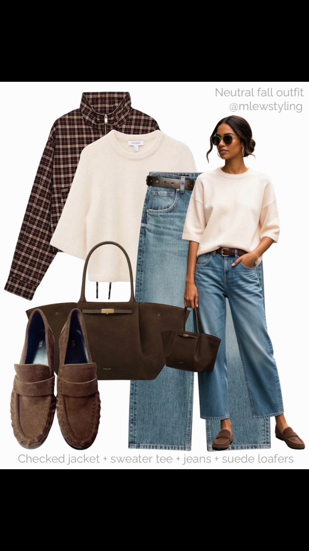 Neutral fall outfit 🍂

Tags: Zara checked jacket, sweater tee, belted jeans, suede loafers, demellier tote bag, casual workwear, autumn office outfit

#LTKfall #LTKjeans #LTKworkwear