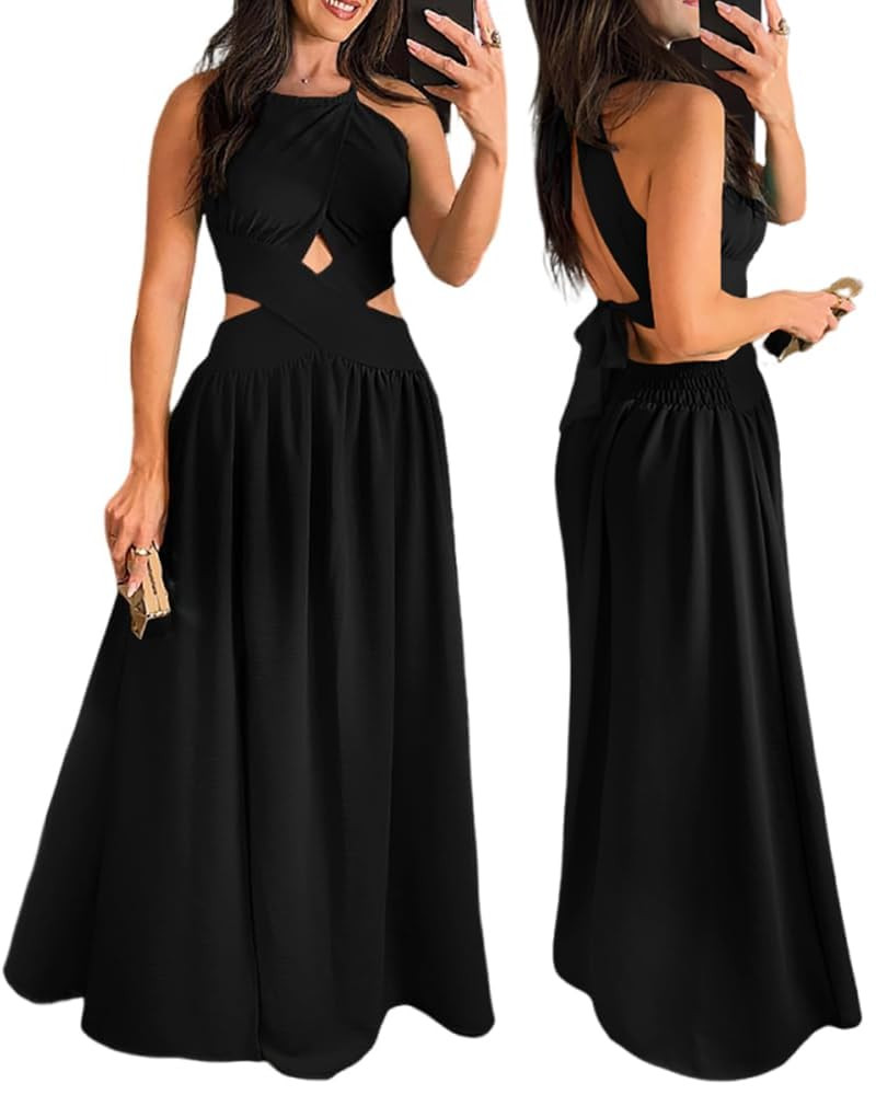CHICME Women's Sleeveless Halter Neck Dress Criss Cross Tie Back Split High Maxi Dress | Amazon (US)