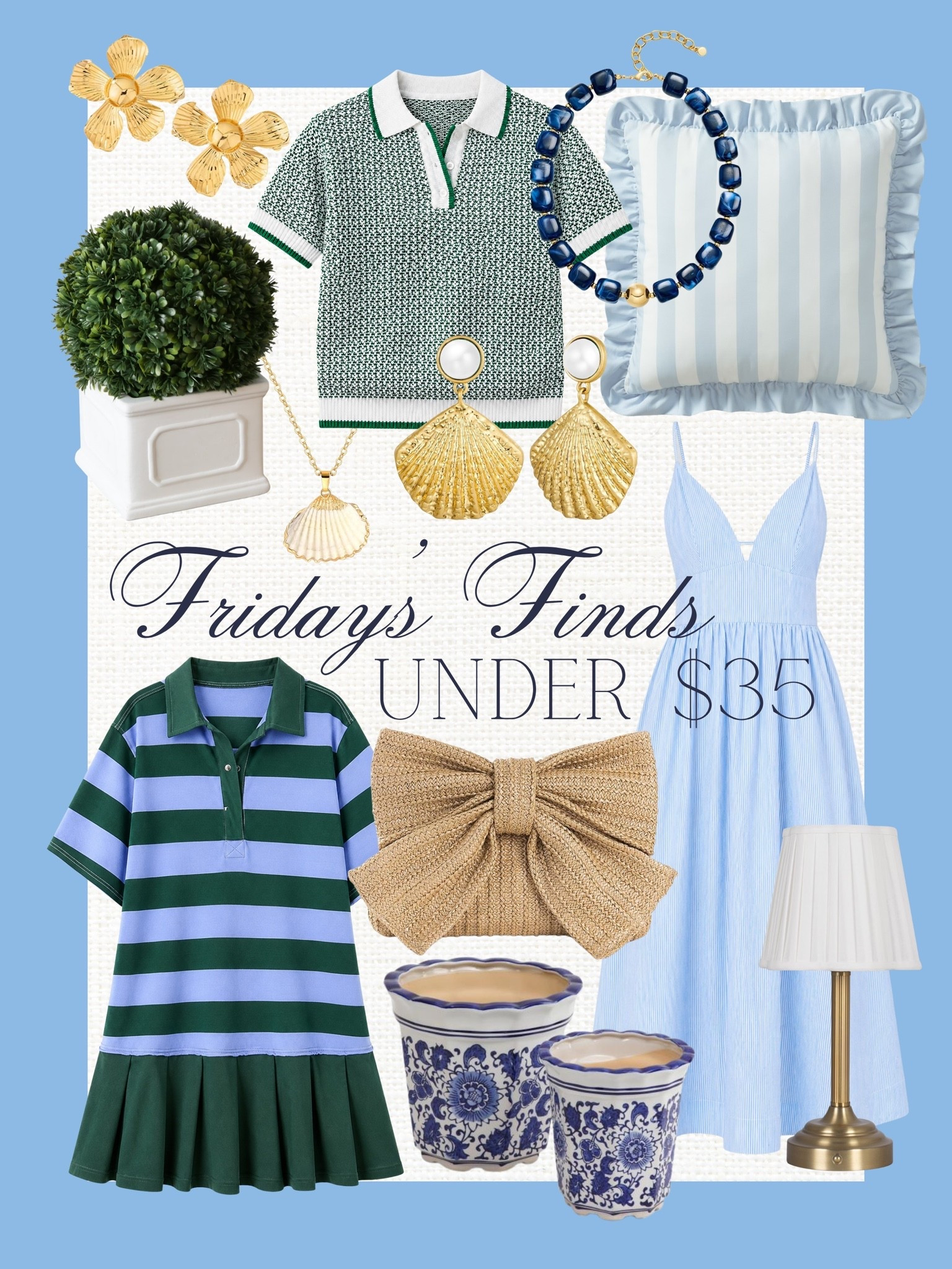 Friday’s finds under $35 💙 A little preppy, a little coastal, and all budget-friendly. Loving the mix of blue + green, shell details, woven textures, and easy summer pieces that look way more expensive than they are.

affordable summer finds, Friday finds under $35, coastal home decor, preppy summer outfits, blue and green outfit ideas, budget friendly fashion, shell jewelry, striped summer dress, polo dress, woven clutch, coastal grandmother style, summer home finds, LTK under $35, affordable home decor, preppy coastal style, summer outfit finds