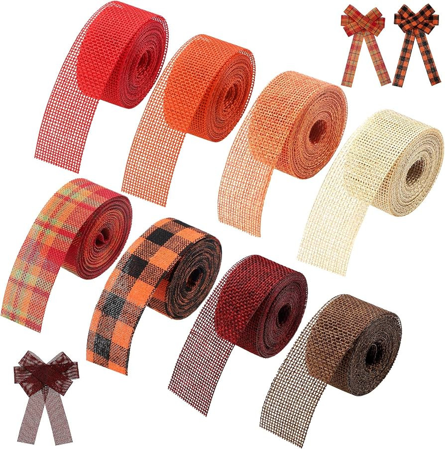 8 Rolls 32 Yards Fall Burlap Ribbon 1 Inch Fall Autumn Plaid Ribbon for Floral Bows Crafts Wreath... | Amazon (US)
