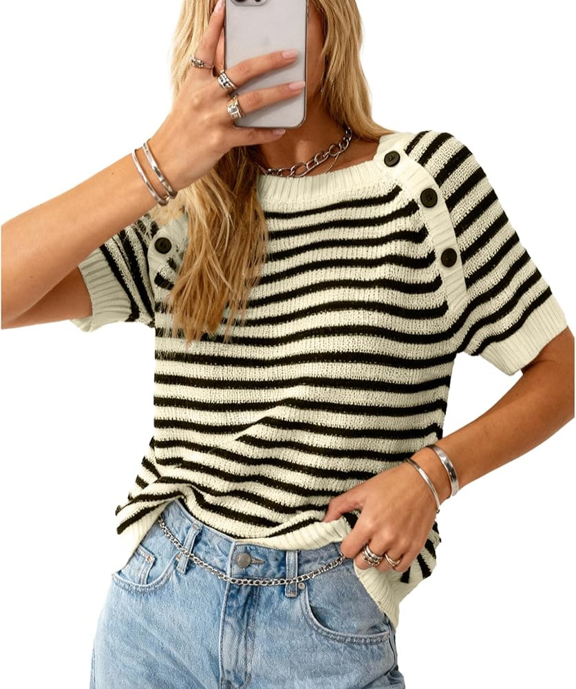 Women's Sweater Striped Pullover Crew Neck Knitted Sweater Vest Short Sleeve Tops 2026 Casual Spr... | Amazon (US)