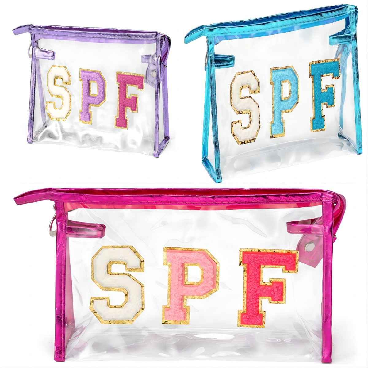1Pc Waterproof PVC Makeup Bag With Zipper,Versatile Preppy Colourful Patch SPF Letter Frame Trian... | SHEIN