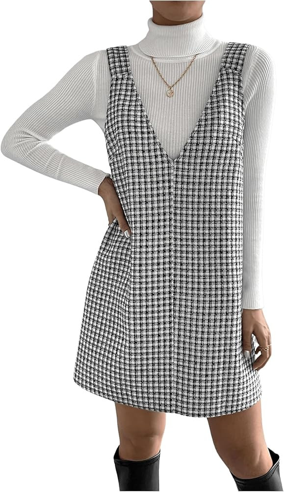 COZYEASE Women's Plaid Overall Dress Straight Sleeveless Pinafore Straps Dress Workwear Without S... | Amazon (US)