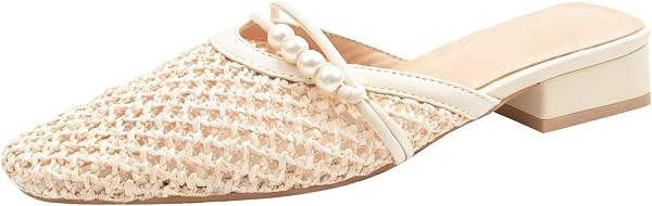 Etebella Women's Mesh Mules Woven Flat Slides Chunky Heel Casual Slip On Mule Flats with Pearl St... | Amazon (US)
