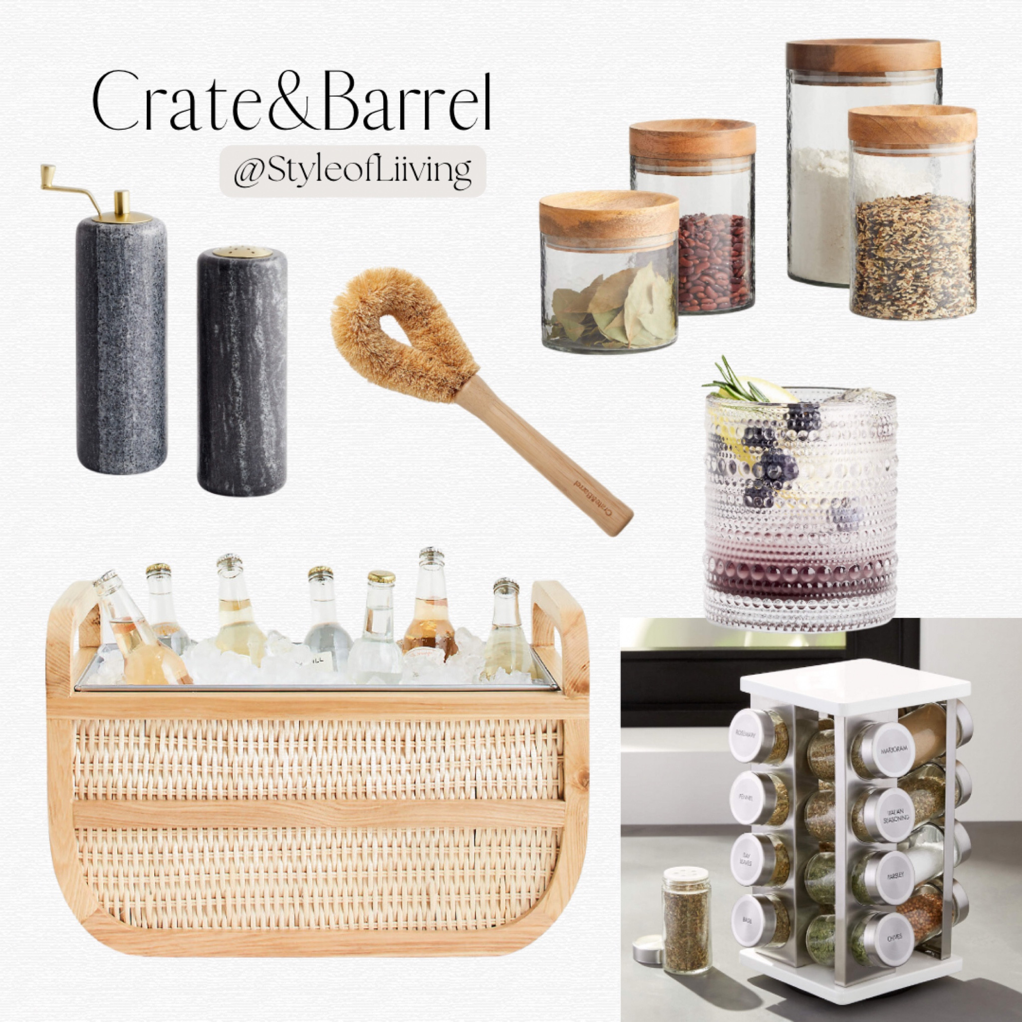 Crate & Barrel kitchen essentials. Storage jars, spice rack, natural ring brush, cocktail glass, cooler, salt and pepper shakers grinders.

#LTKhome #LTKstyletip #LTKGiftGuide