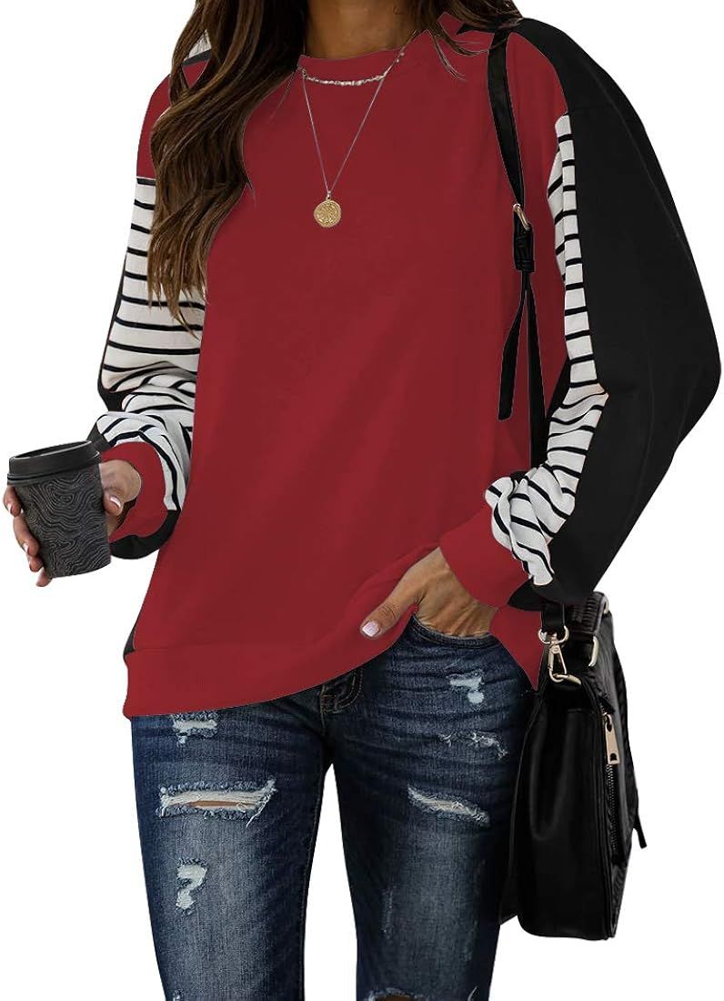 PRETTODAY Women's Color Block Tunic Tops Long Striped Sleeve Crew Neck Sweatshirts Casual Loose T... | Amazon (US)