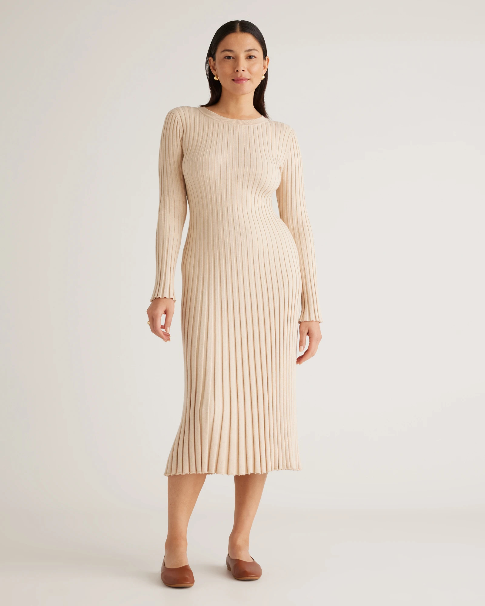 Cotton Cashmere Ribbed Long Sleeve Crew Midi Dress in Heather Oatmeal | Quince